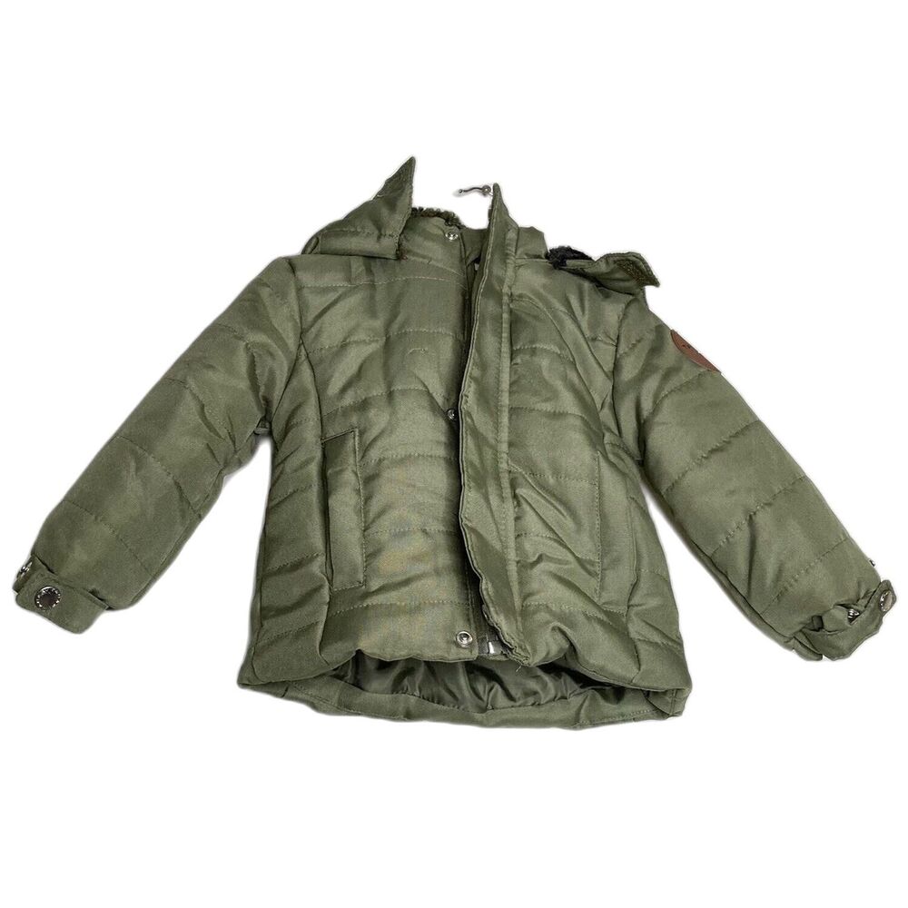 Tahari Kids Boy Size 2T Bomber Faux Fur Hooded Trim Jacket Olive Green